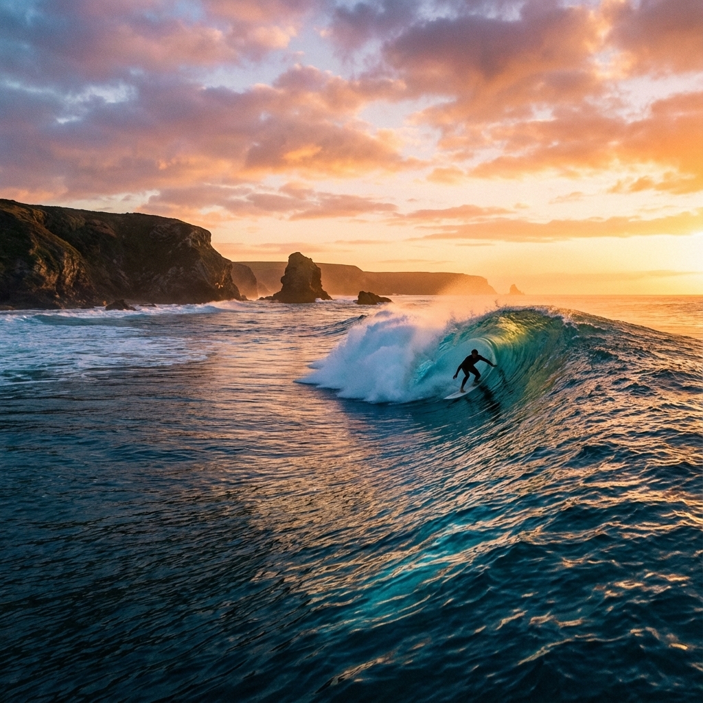Surfer riding a perfect wave at sunset